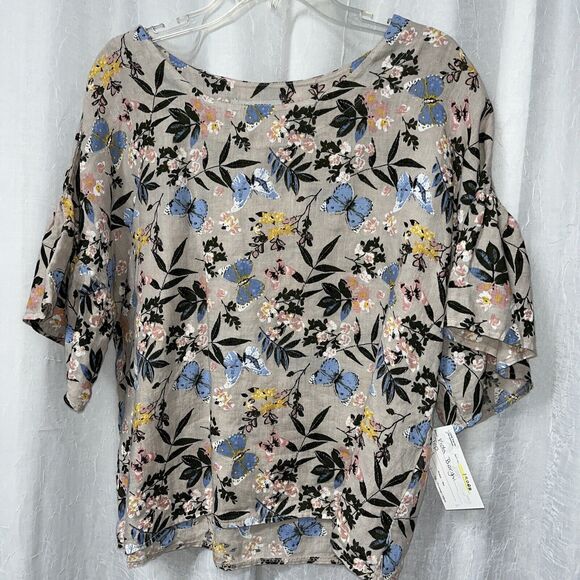 Viola Borghi Tops - Viola Borghi Women's Top Tan w/ Floral Print Linen Size Med